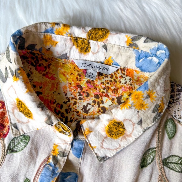 JOHN MARK Point Collar Long Sleeve EMBROIDERED LEOPARD BLOUSE Cheetah Tunic M - Picture 5 of 8